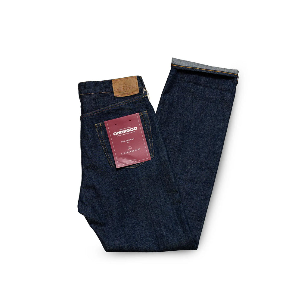 Front view of the Omnigod Clothier & Sons Selvedge One Wash Jeans showing the straight leg silhouette, deep indigo tone, and classic five-pocket design for Clothier & Sons.