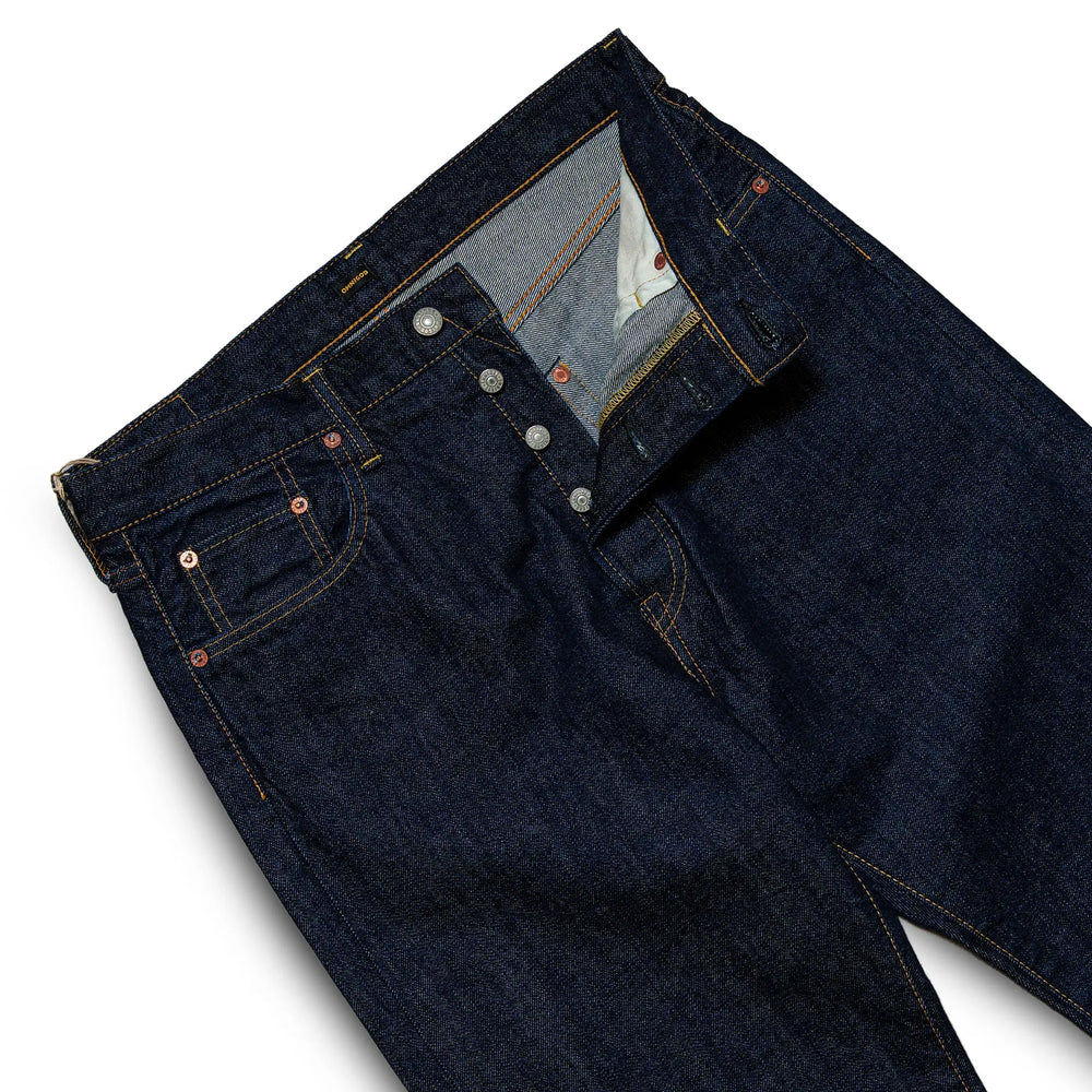 Waist detail of the Omnigod Clothier & Sons Selvedge One Wash Jeans showing waistband construction, belt loops, and stitching finish for Clothier & Sons.