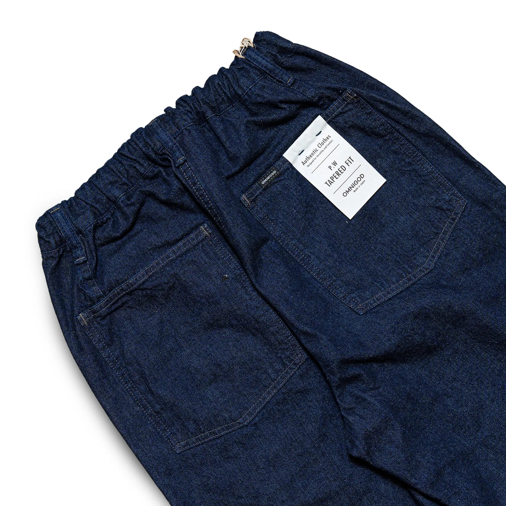 Back view of the Omnigod Men’s 10oz Denim PW Easy Pants Indigo highlighting rear pocket placement, easy fit shape, and classic denim construction for Clothier & Sons.