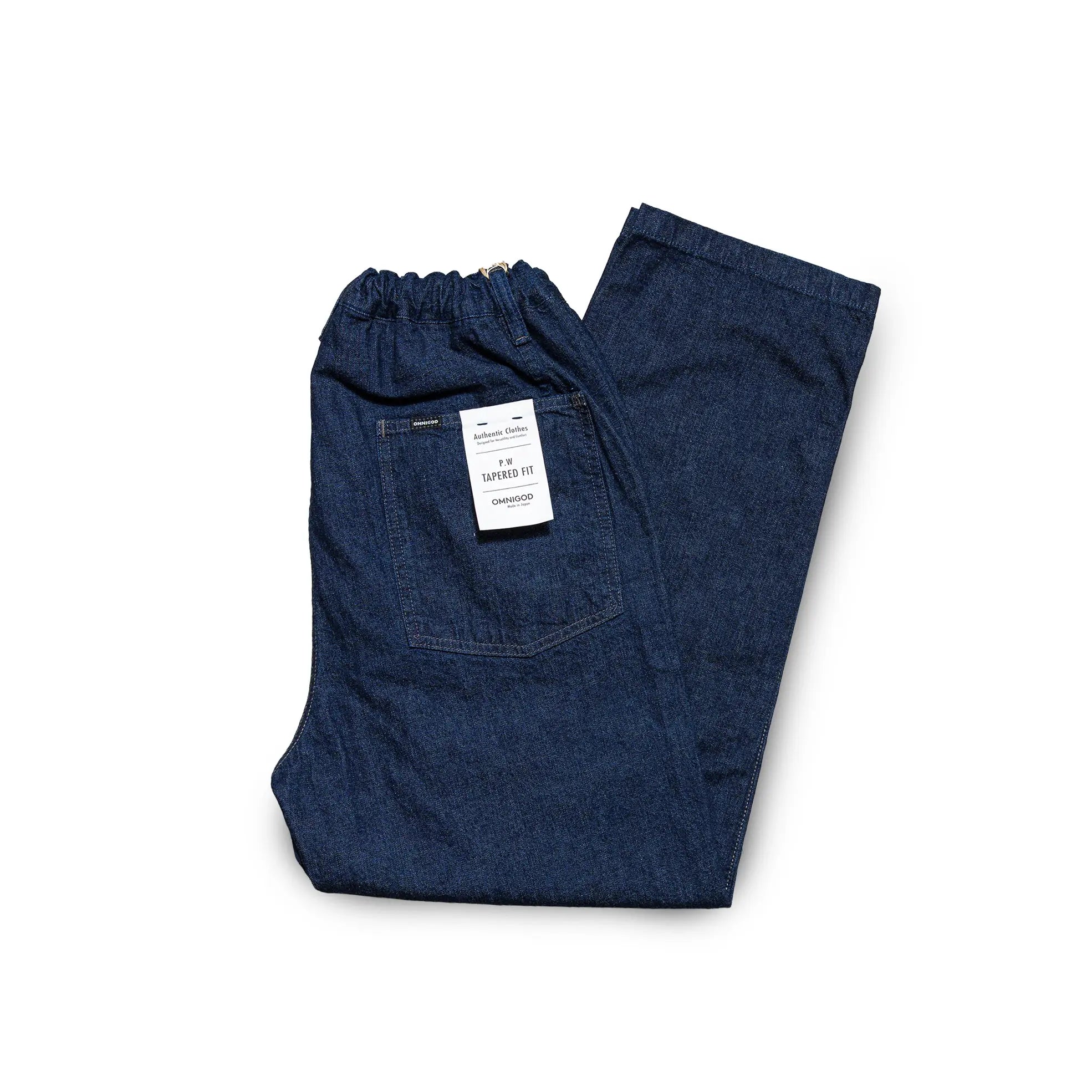 Front view of the Omnigod Men’s 10oz Denim PW Easy Pants Indigo showing the relaxed straight silhouette, elastic waist design, and rich indigo denim tone for Clothier & Sons.