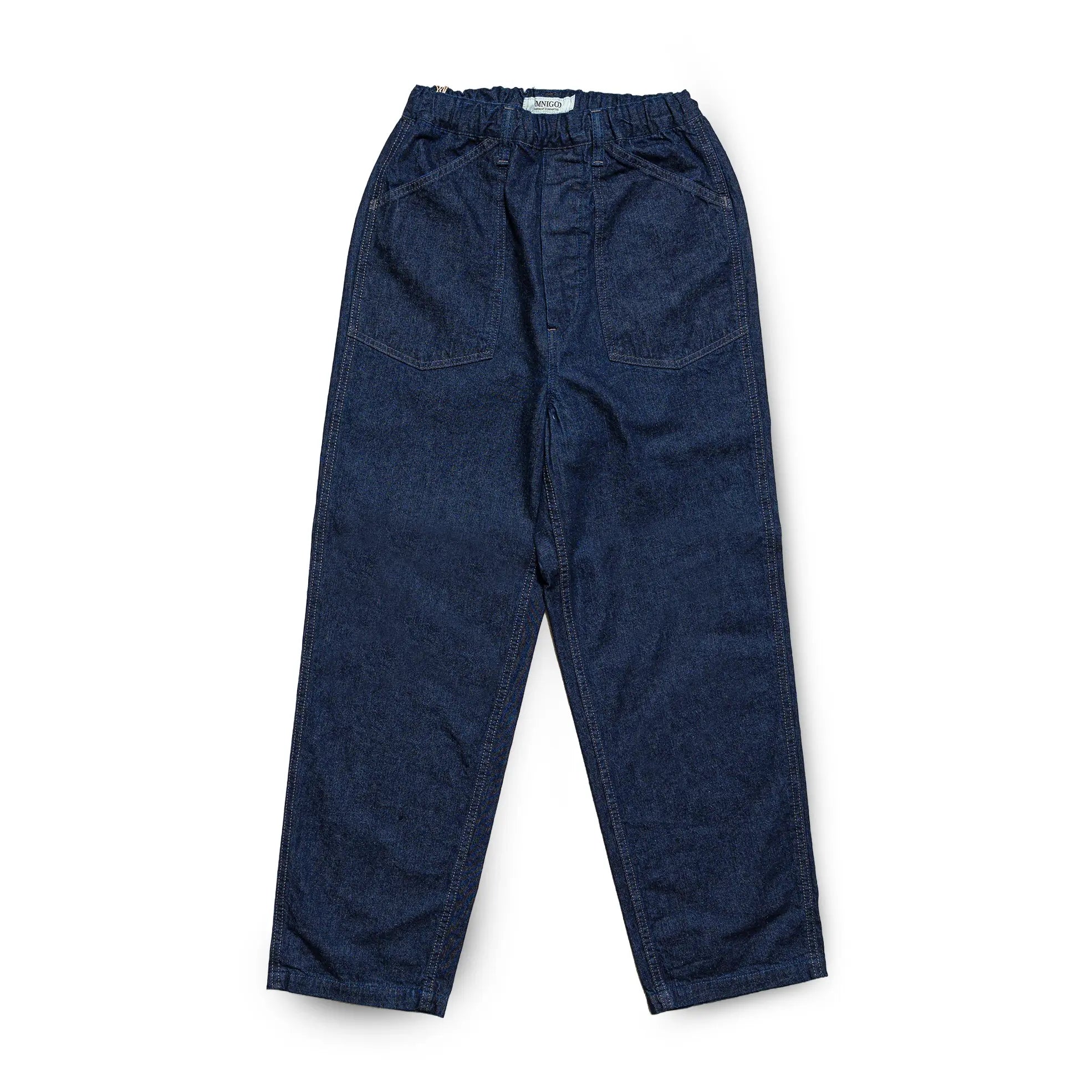 Front view of the Omnigod Men’s 10oz Denim PW Easy Pants Indigo showing the relaxed straight silhouette, elastic waist design, and rich indigo denim tone for Clothier & Sons.