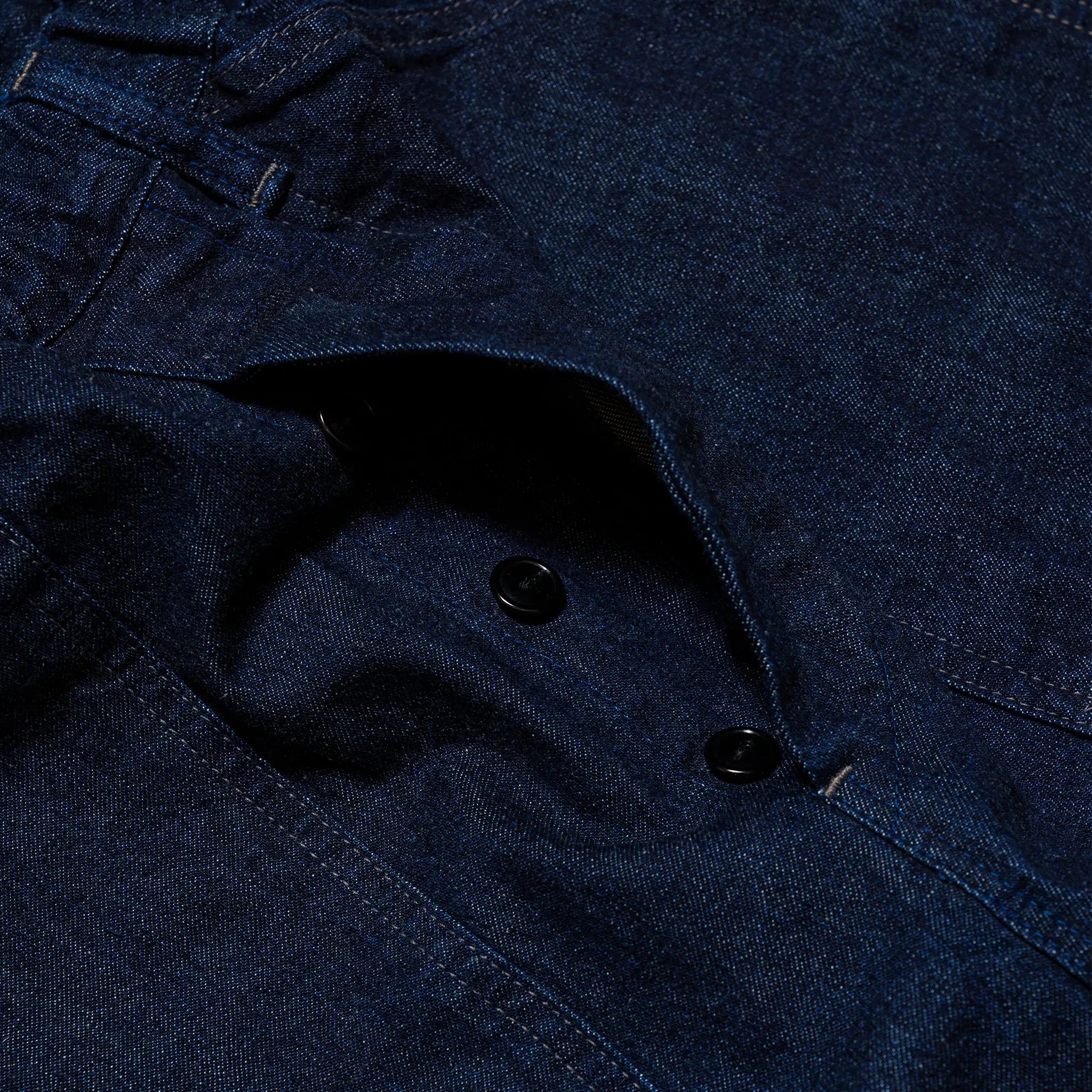 Fabric detail of the Omnigod Men’s 10oz Denim PW Easy Pants Indigo revealing 10oz denim texture, weave character, and depth of indigo color for Clothier & Sons.