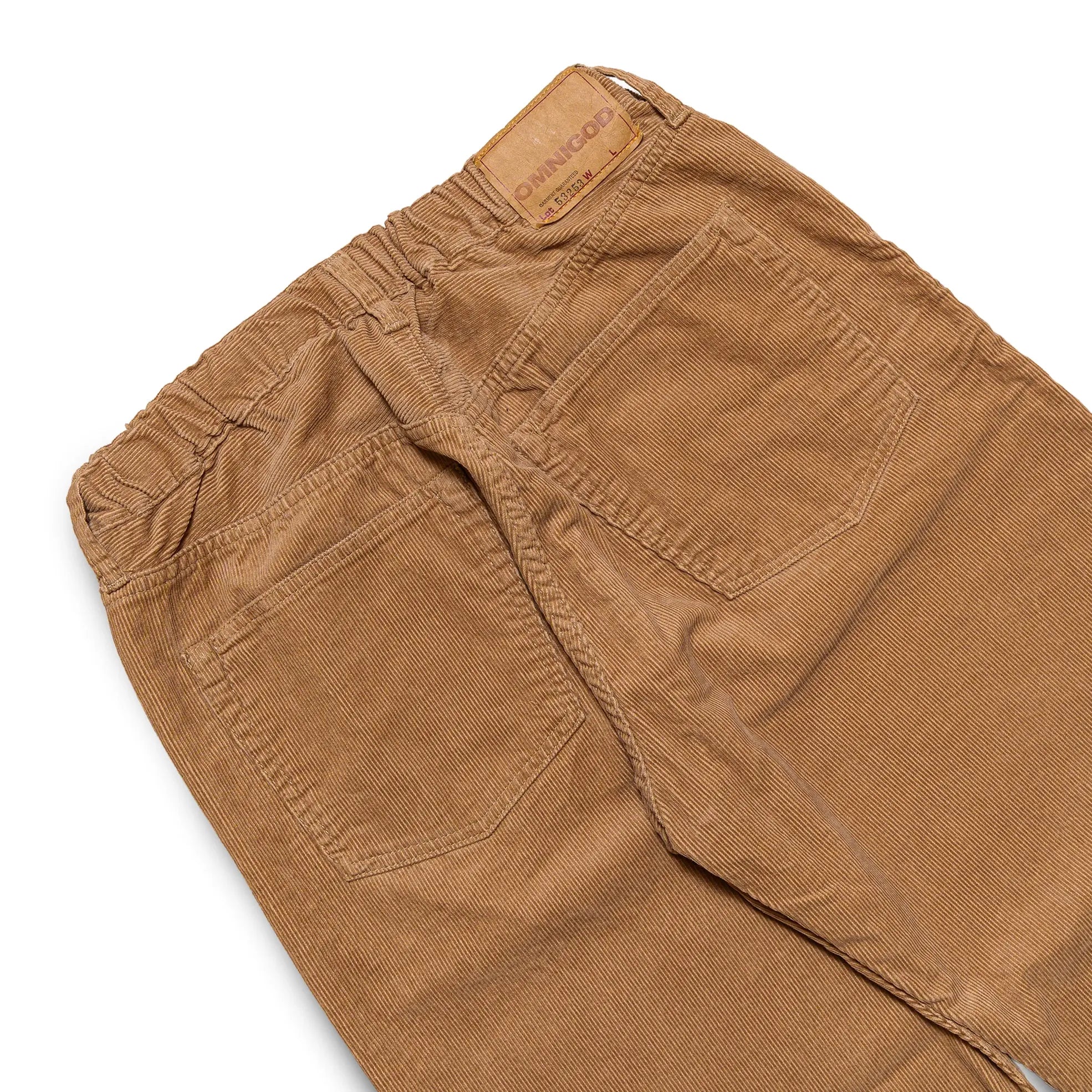 Back view of the Omnigod Men’s 14W Corduroy 5-Piece Easy Loose Jeans Beige highlighting back pocket placement, relaxed fit, and corduroy texture for Clothier & Sons.