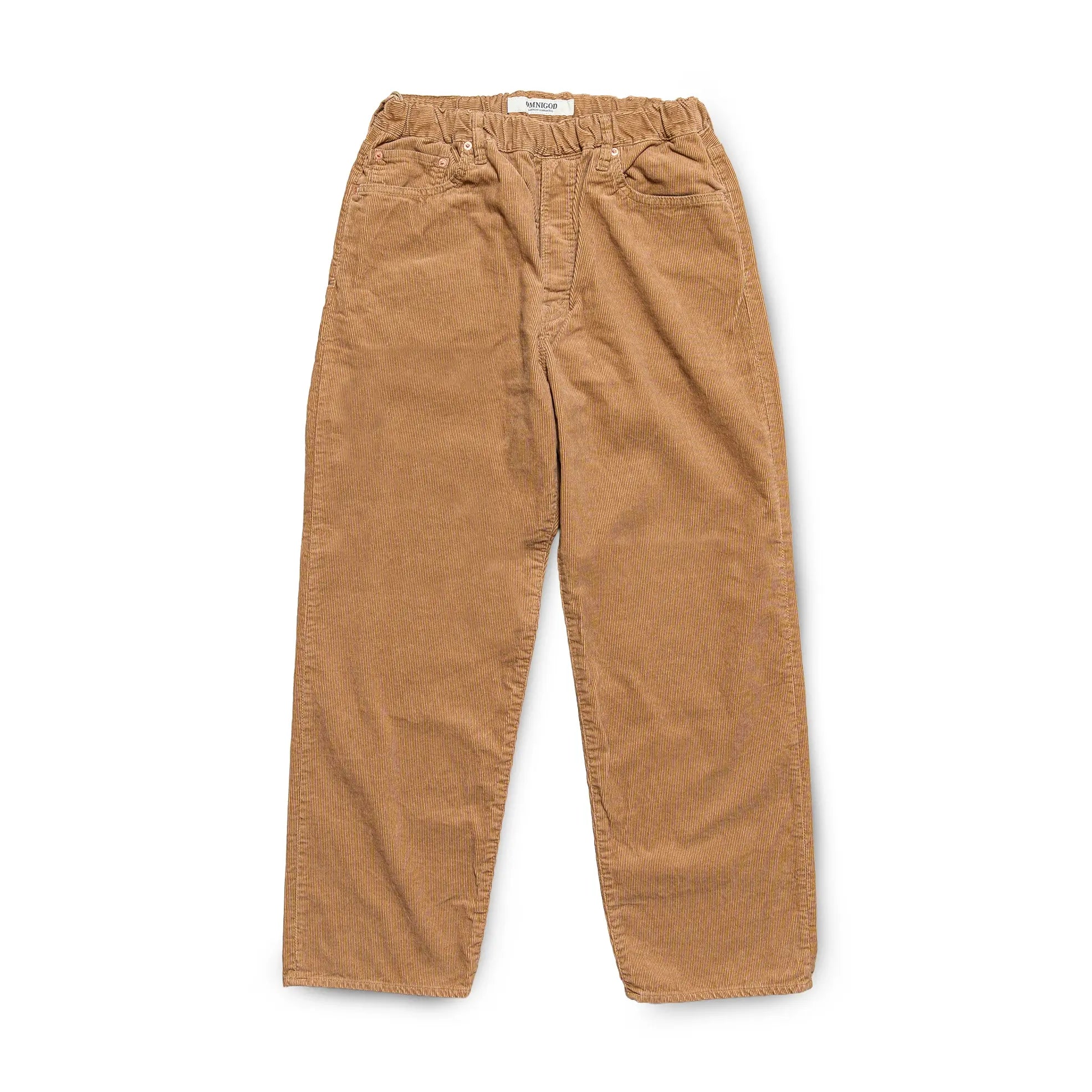 Front view of the Omnigod Men’s 14W Corduroy 5-Piece Easy Loose Jeans Beige showing the relaxed straight silhouette, soft beige tone, and classic five-pocket design for Clothier & Sons.