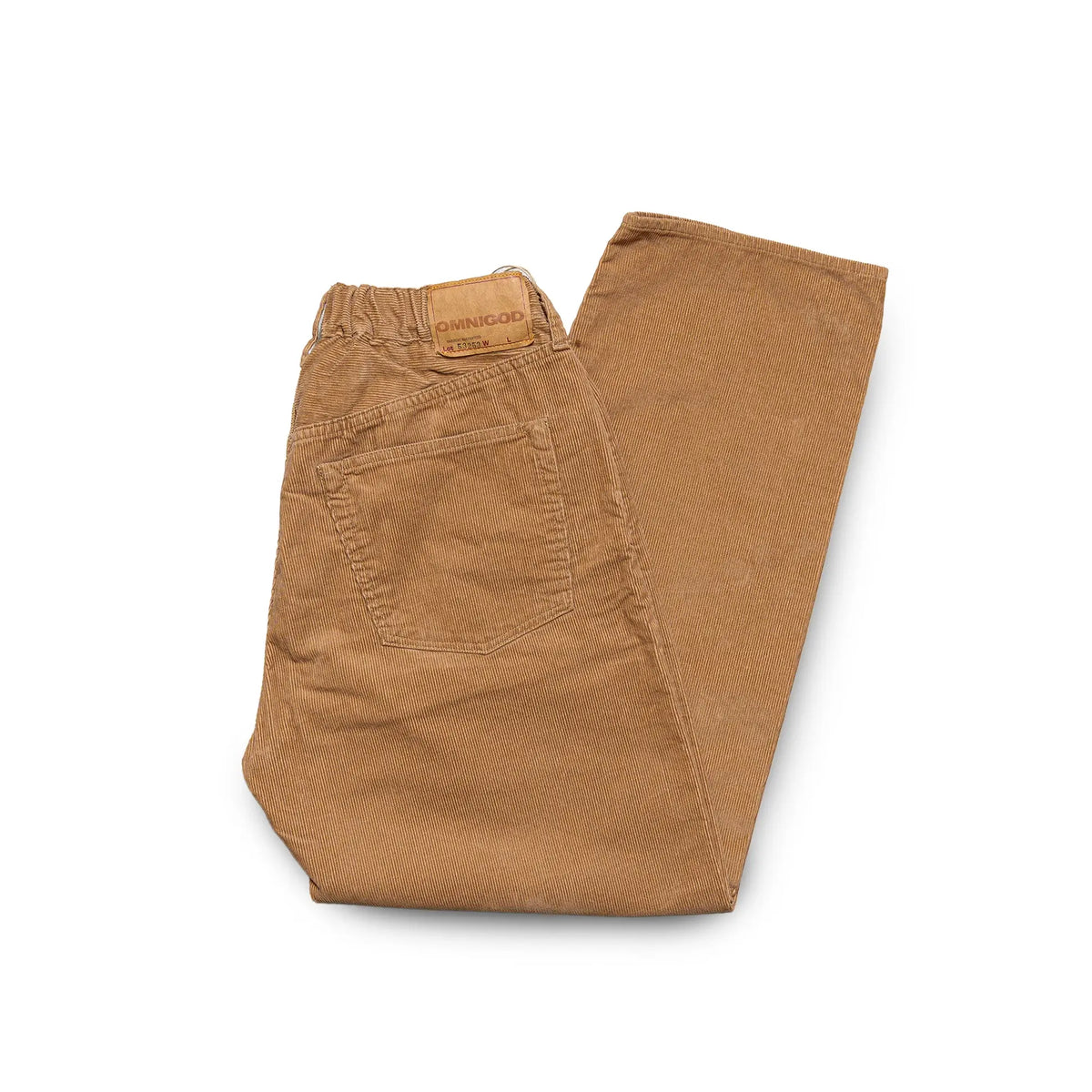 Front view of the Omnigod Men’s 14W Corduroy 5-Piece Easy Loose Jeans Beige showing the relaxed straight silhouette, soft beige tone, and classic five-pocket design for Clothier & Sons.