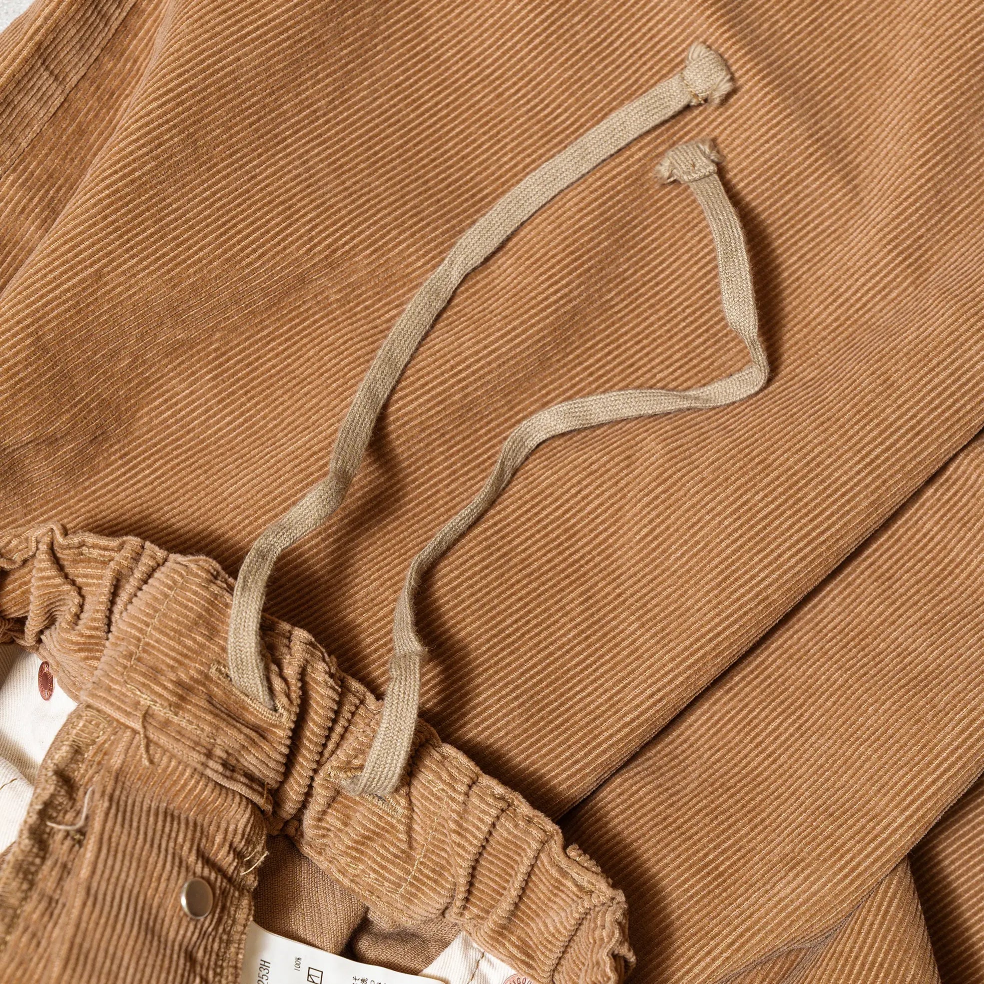 Waist detail of the Omnigod Men’s 14W Corduroy 5-Piece Easy Loose Jeans Beige showing waistband construction, belt loops, and stitching finish for Clothier & Sons.