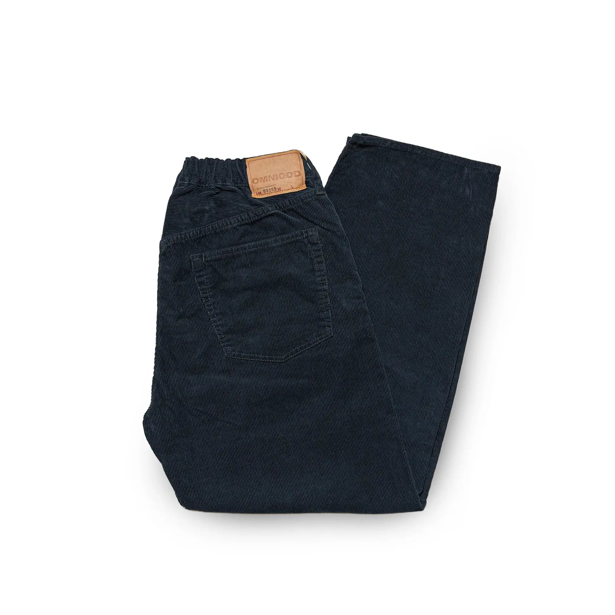 Front view of the Omnigod Men’s 14W Corduroy 5-Piece Easy Loose Jeans Gray showing the relaxed straight silhouette, neutral gray tone, and classic five-pocket design for Clothier & Sons.