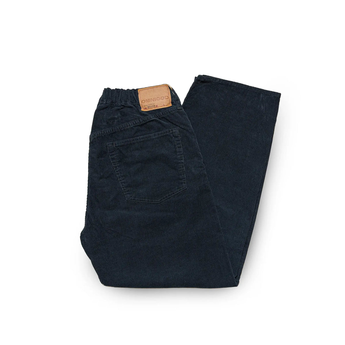 Front view of the Omnigod Men’s 14W Corduroy 5-Piece Easy Loose Jeans Gray showing the relaxed straight silhouette, neutral gray tone, and classic five-pocket design for Clothier & Sons.