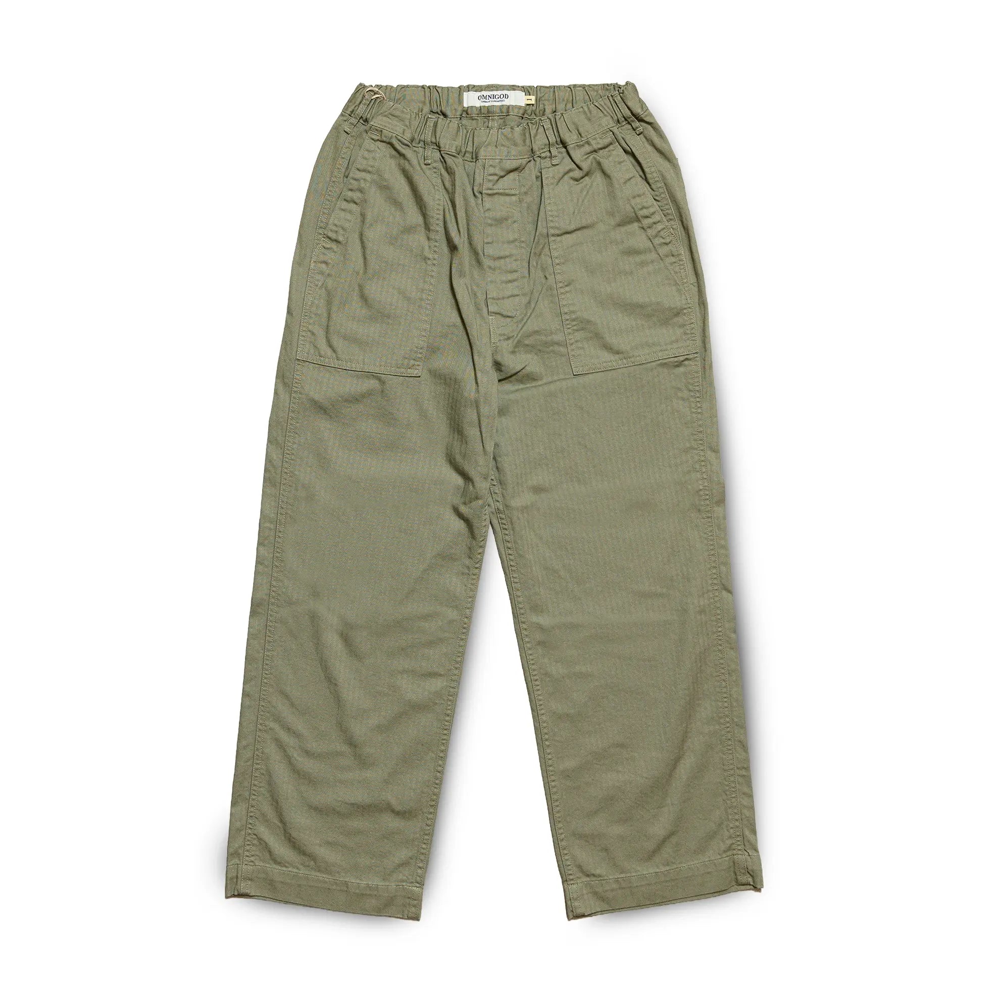 Front view of the Omnigod Men’s Herringbone Easy Baker Pants Olive showing the relaxed straight silhouette, olive tone, and classic baker pant design for Clothier & Sons.