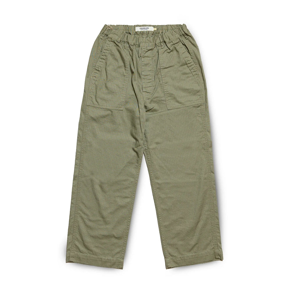 Front view of the Omnigod Men’s Herringbone Easy Baker Pants Olive showing the relaxed straight silhouette, olive tone, and classic baker pant design for Clothier & Sons.