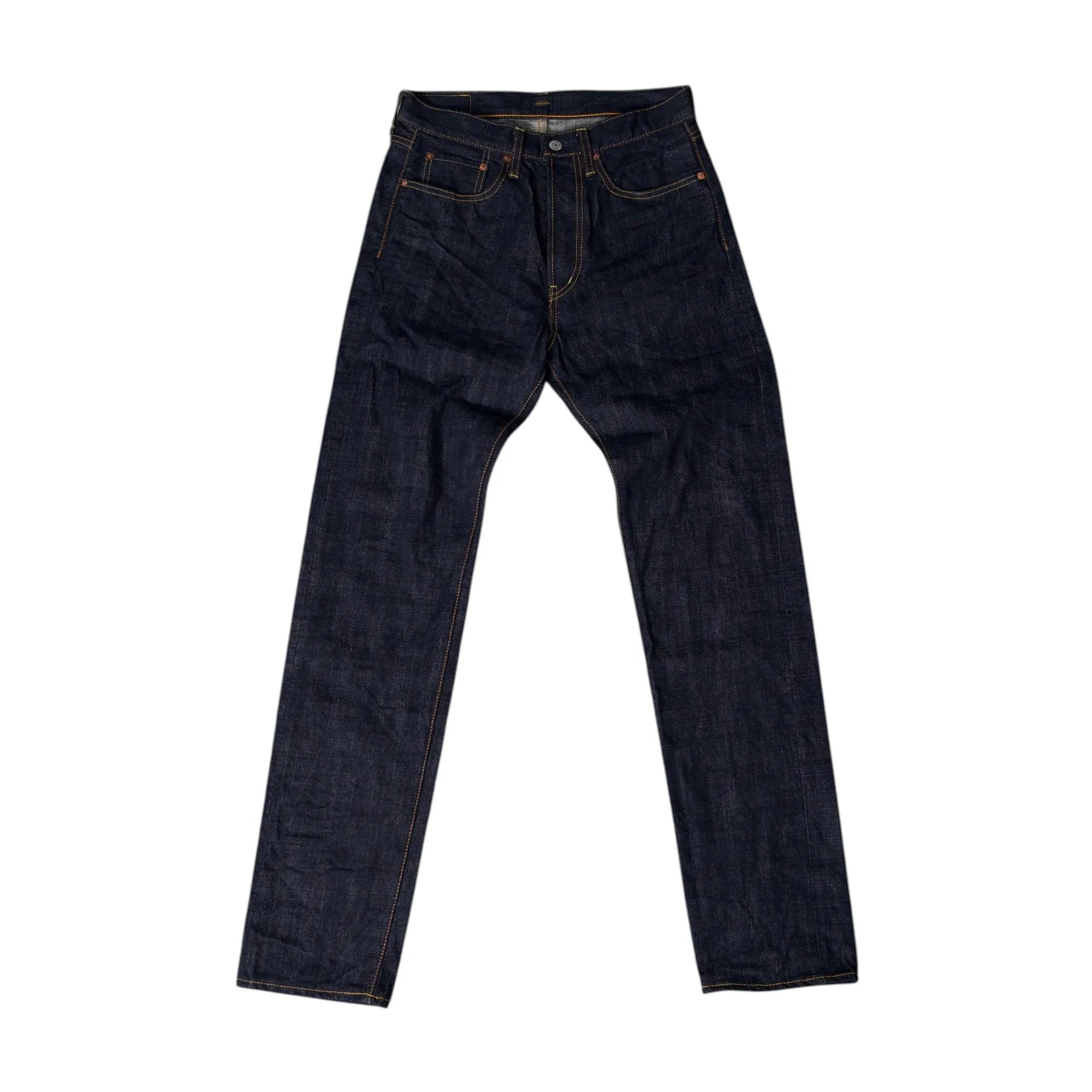 Front view of the Omnigod Straight One Washed showing the straight leg silhouette, one wash indigo tone, and classic five pocket construction for Clothier & Sons.