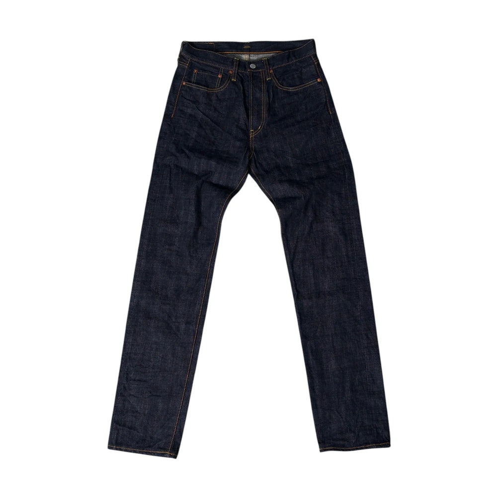 Front view of the Omnigod Straight One Washed showing the straight leg silhouette, one wash indigo tone, and classic five pocket construction for Clothier & Sons.