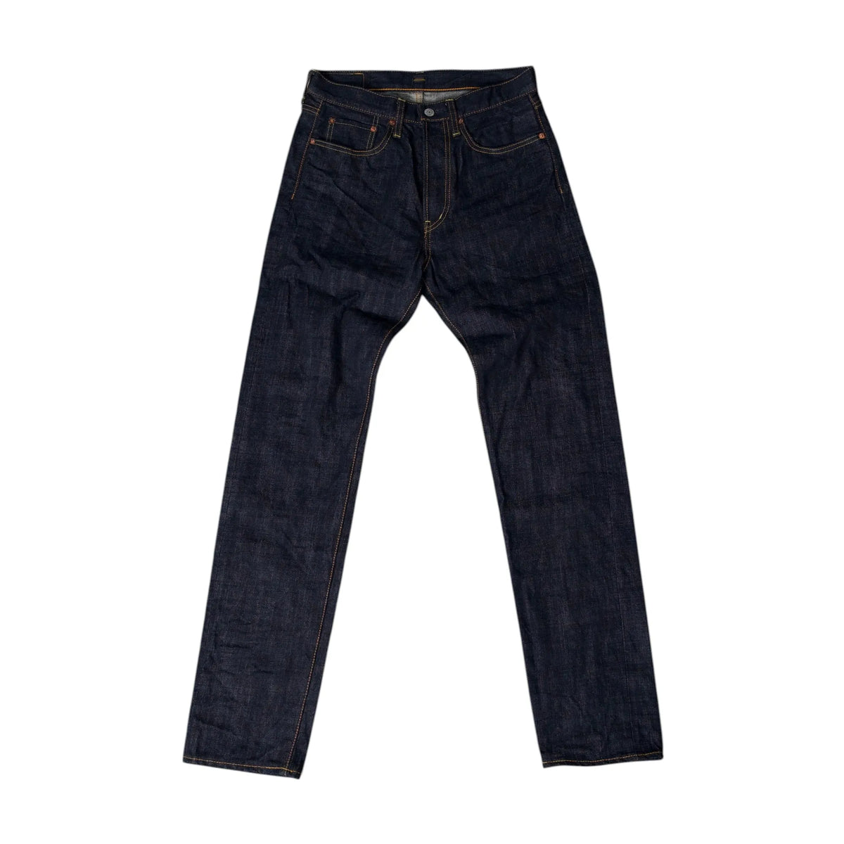 Front view of the Omnigod Straight One Washed showing the straight leg silhouette, one wash indigo tone, and classic five pocket construction for Clothier & Sons.