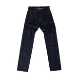 Front view of the Omnigod Straight One Washed showing the straight leg silhouette, one wash indigo tone, and classic five pocket construction for Clothier & Sons.