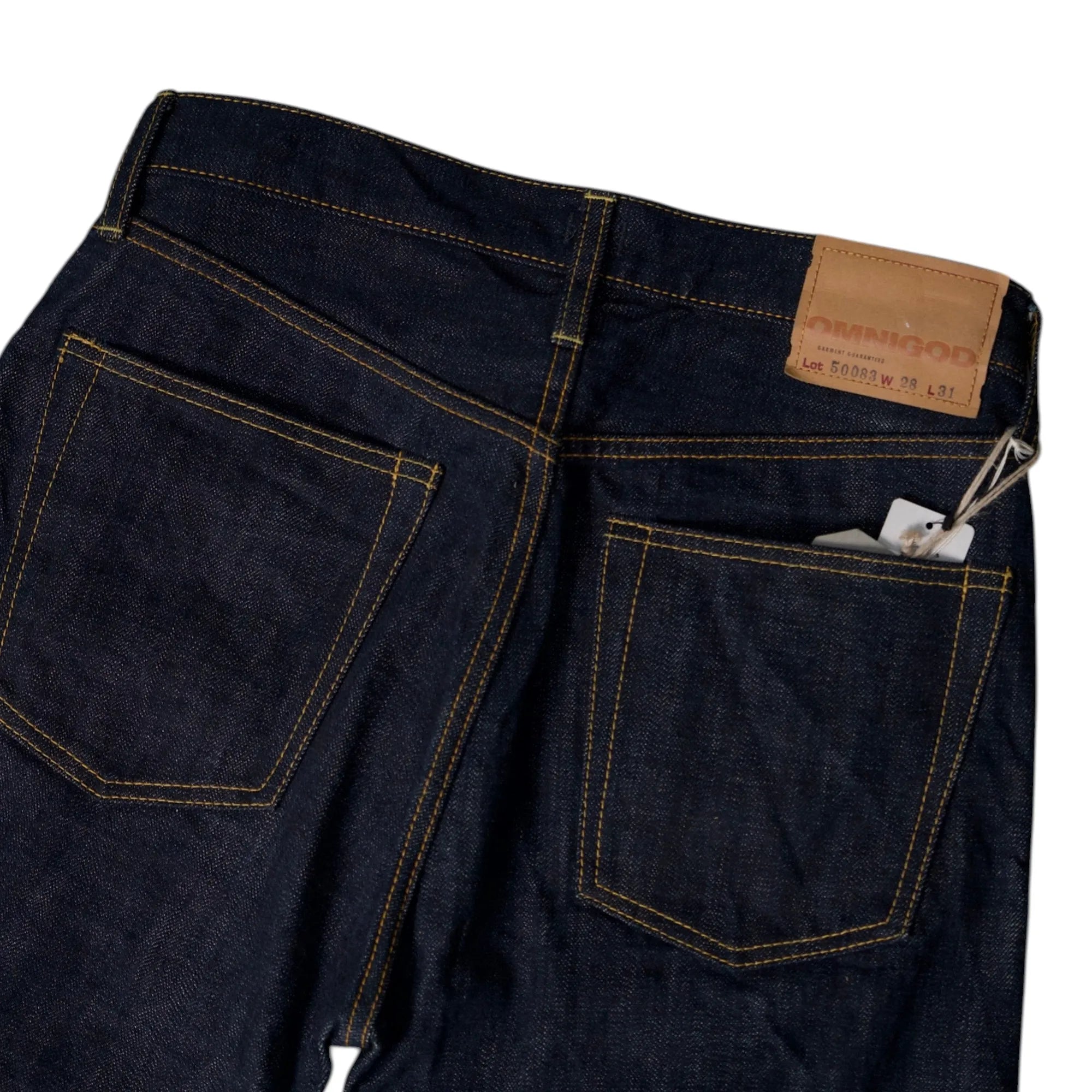 Waist detail of the Omnigod Straight One Washed showing waistband construction, button closure, and belt loop design for Clothier & Sons.
