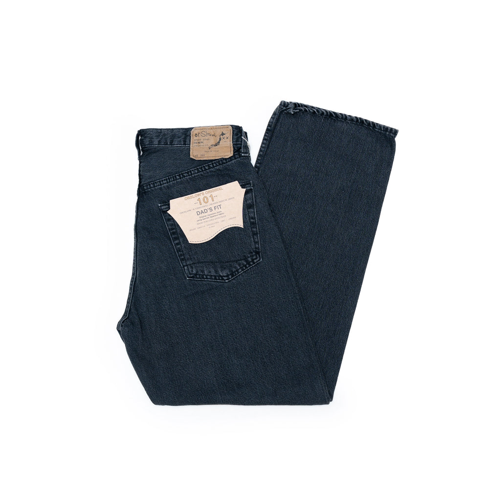 กางเกงยีนส์ orSlow 101 Dad’s Fit รุ่น Black Denim Stone ผลิตในญี่ปุ่นจากผ้าเดนิมสีดำฟอกอ่อน ทรงขาตรงสวมใส่ง่าย พร้อมกระดุมโลหะและรายละเอียดตัดเย็บแบบคลาสสิก