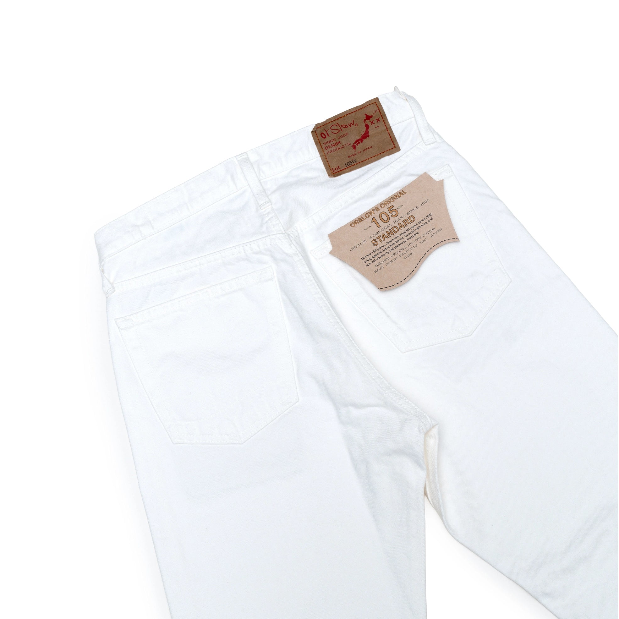 รายละเอียดกระดุมและตะเข็บของ orSlow 105 Standard Fit Jeans White แสดงงานเย็บประณีตและวัสดุคุณภาพสูงจากญี่ปุ่น
