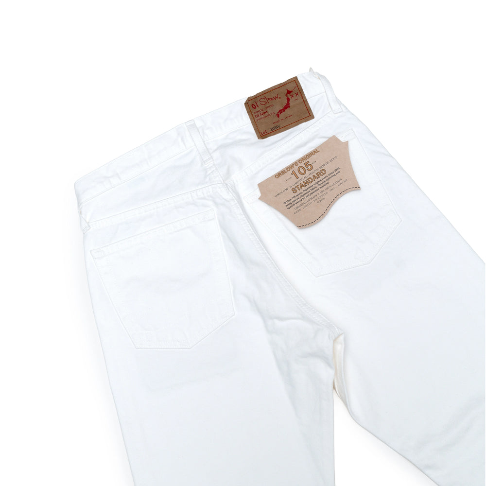 รายละเอียดกระดุมและตะเข็บของ orSlow 105 Standard Fit Jeans White แสดงงานเย็บประณีตและวัสดุคุณภาพสูงจากญี่ปุ่น