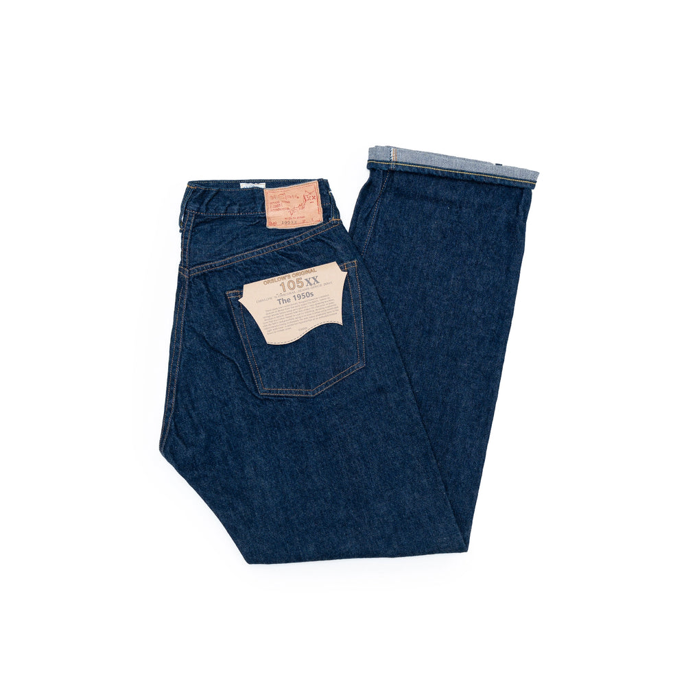 Orslow 105XX The 1950s Selvedge Denim One Wash ยีนส์ทรงตรง ผ้าริมญี่ปุ่น สีอินดิโกะเข้ม มองเห็นป้ายหนังด้านหลัง