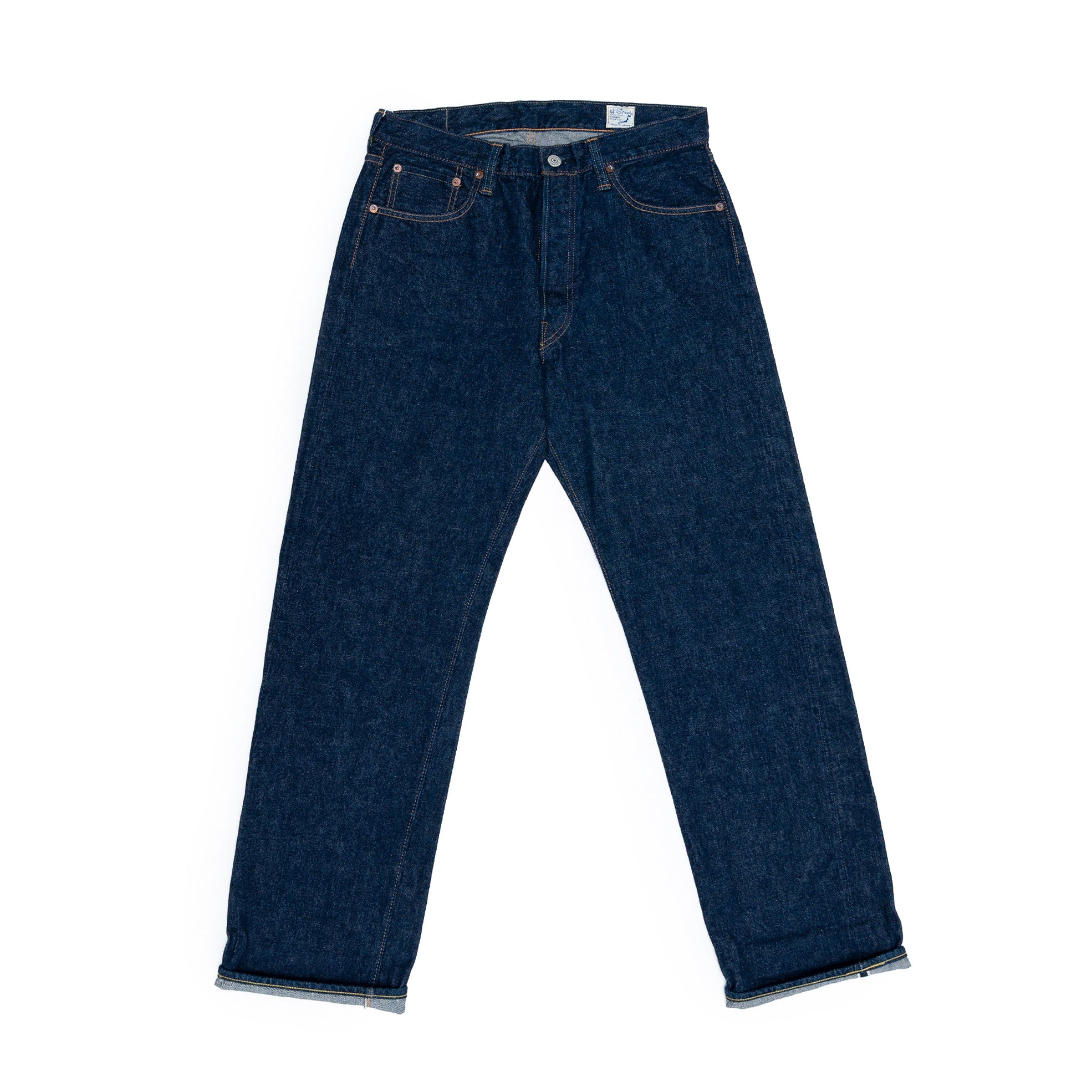 Orslow 105XX The 1950s Selvedge Denim One Wash มุมมองเต็มตัว ด้านหน้า แสดงทรงเอวสูงและขากระบอกเรียว