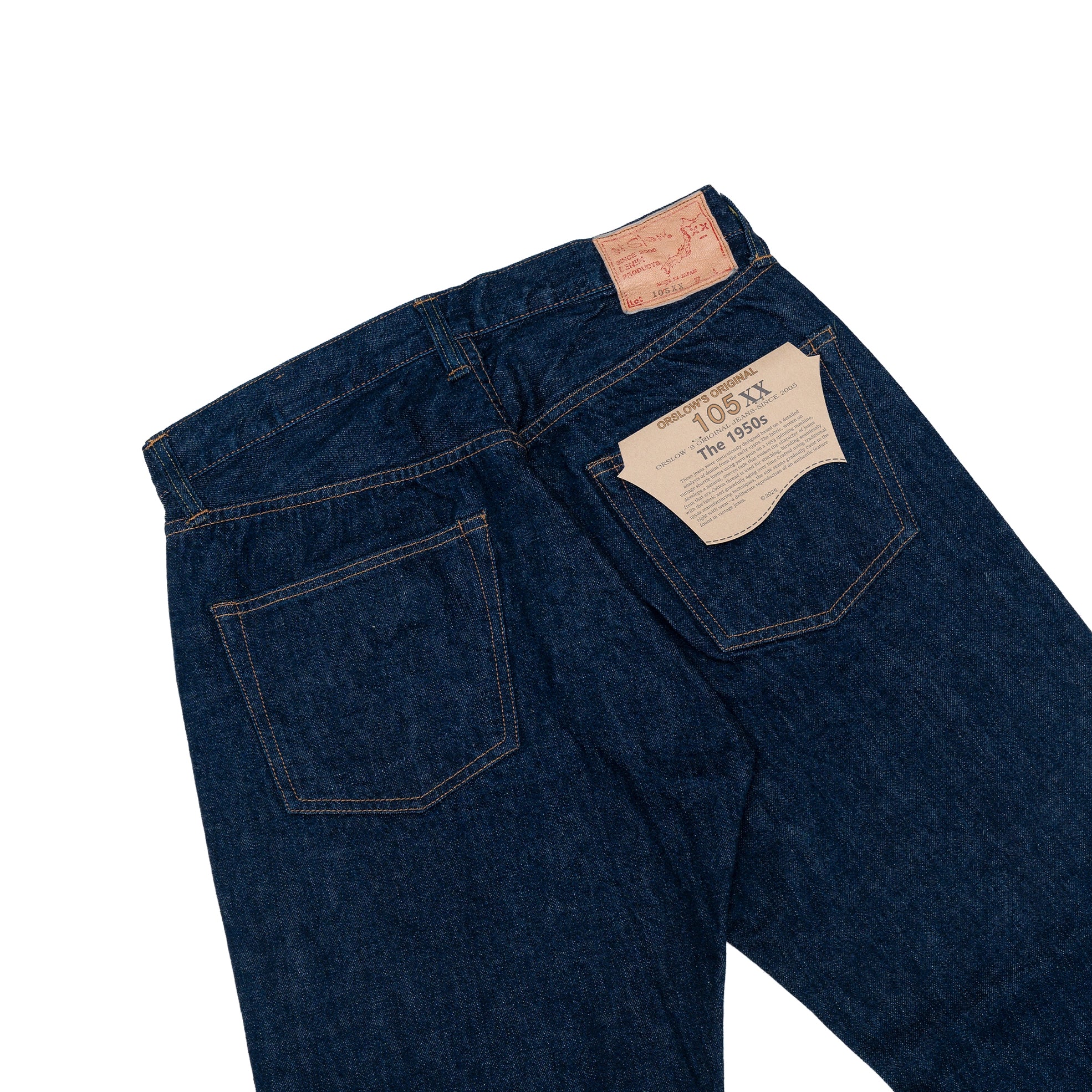 Orslow 105XX The 1950s Selvedge Denim One Wash มุมมองเต็มตัวด้านหลัง พร้อมป้ายหนังและกระเป๋าหลังสองข้าง