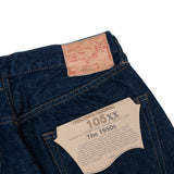 ป้ายหนังด้านหลังของ Orslow 105XX The 1950s Selvedge Denim One Wash พร้อมโลโก้แบรนด์และรายละเอียดไซซ์