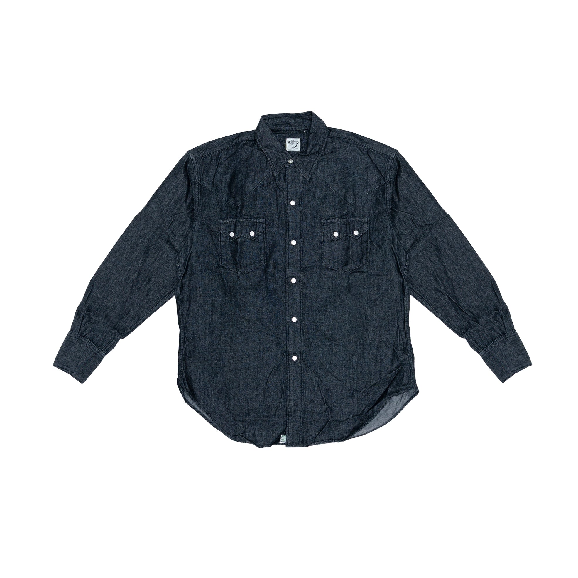 เสื้อเชิ้ตยีนส์สีดำ orSlow Denim Western Shirt ผลิตในญี่ปุ่น ดีไซน์ทรง Western มาพร้อมกระดุมสแน็ปสีเงิน กระเป๋าหน้าแหลมสองข้าง และตะเข็บคู่ที่สะท้อนความประณีตของงานตัดเย็บแบบญี่ปุ่น