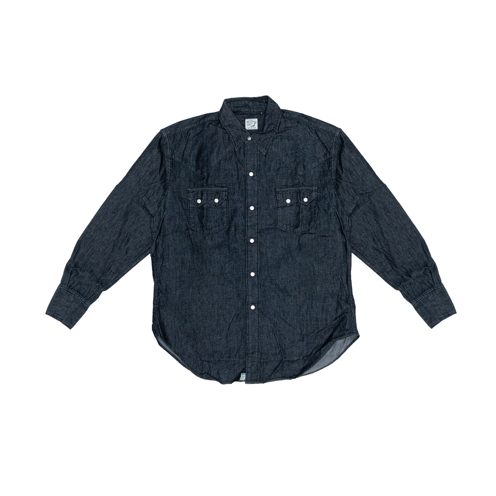 เสื้อเชิ้ตยีนส์สีดำ orSlow Denim Western Shirt ผลิตในญี่ปุ่น ดีไซน์ทรง Western มาพร้อมกระดุมสแน็ปสีเงิน กระเป๋าหน้าแหลมสองข้าง และตะเข็บคู่ที่สะท้อนความประณีตของงานตัดเย็บแบบญี่ปุ่น