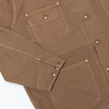 งานตัดเย็บและกระดุมของ orSlow Shawl Jacket สี Brown สื่อถึงความประณีตและคุณภาพในแบบญี่ปุ่น