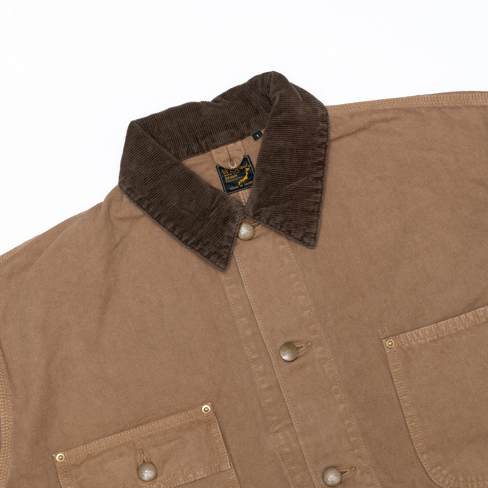 รายละเอียดปกแบบ Shawl Collar ของ orSlow Jacket สี Brown แสดงพื้นผ้าและงานเย็บที่ละเอียดอ่อน