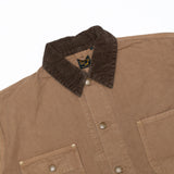 รายละเอียดปกแบบ Shawl Collar ของ orSlow Jacket สี Brown แสดงพื้นผ้าและงานเย็บที่ละเอียดอ่อน