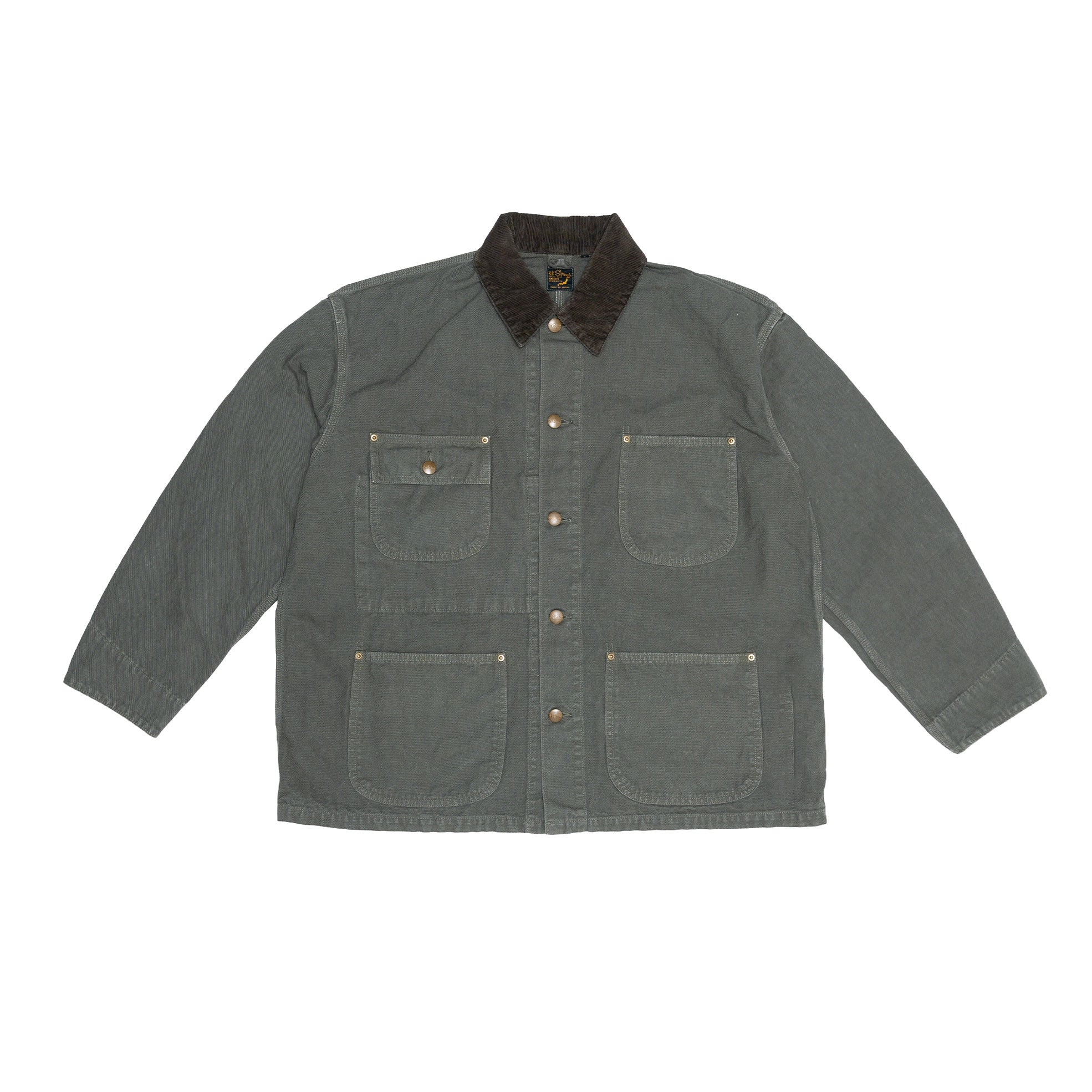 รายละเอียดปกแบบ Shawl Collar ของ orSlow Jacket สี Army Green แสดงพื้นผ้าและงานเย็บที่ละเอียดอ่อน