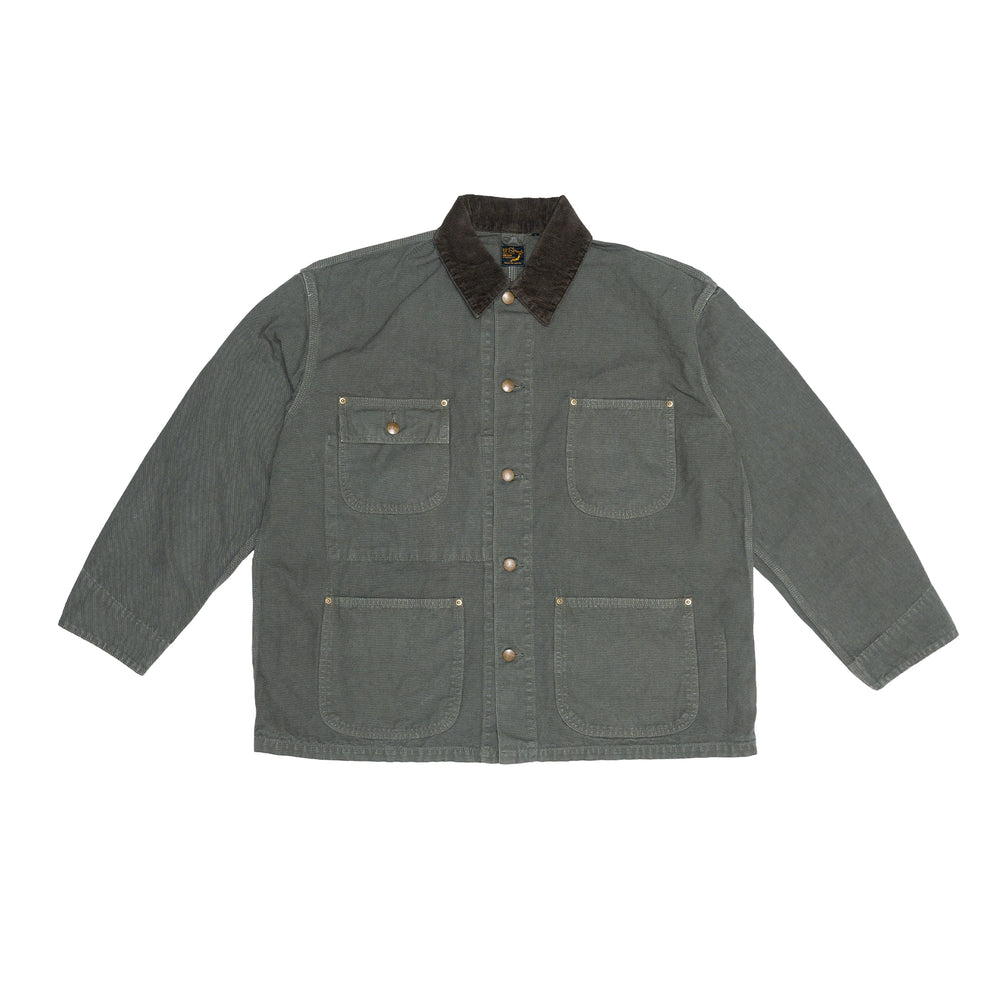 รายละเอียดปกแบบ Shawl Collar ของ orSlow Jacket สี Army Green แสดงพื้นผ้าและงานเย็บที่ละเอียดอ่อน