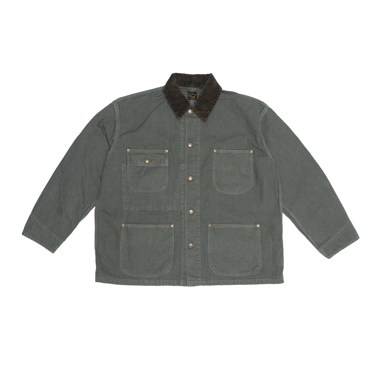 รายละเอียดปกแบบ Shawl Collar ของ orSlow Jacket สี Army Green แสดงพื้นผ้าและงานเย็บที่ละเอียดอ่อน