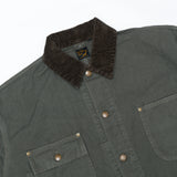 รายละเอียดปกแบบ Shawl Collar ของ orSlow Jacket สี Army Green แสดงพื้นผ้าและงานเย็บที่ละเอียดอ่อน