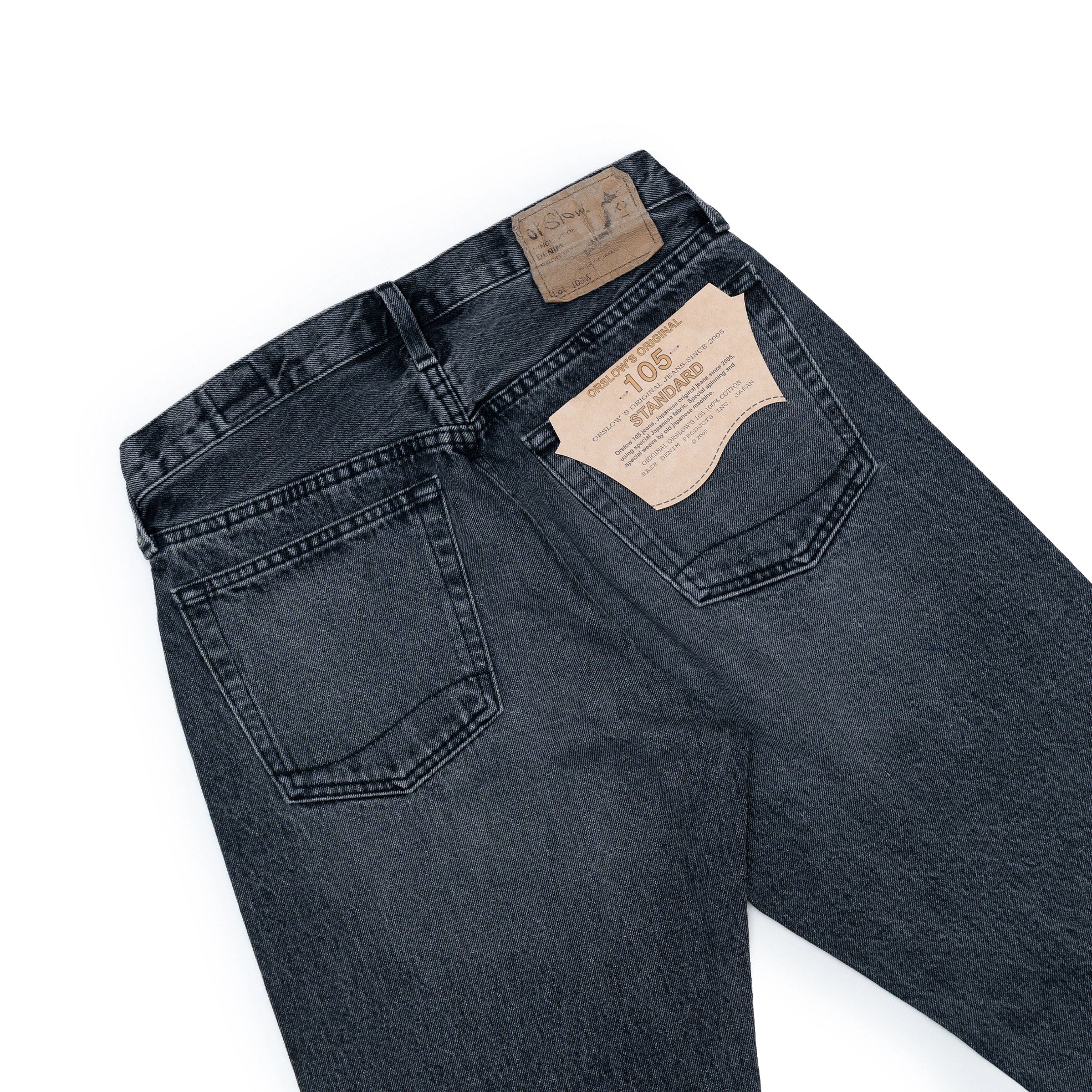 Close-up of the back pocket on the Orslow 105 Selvedge Black Stonewashed jeans showing pocket stitching, denim texture, and stonewashed character.