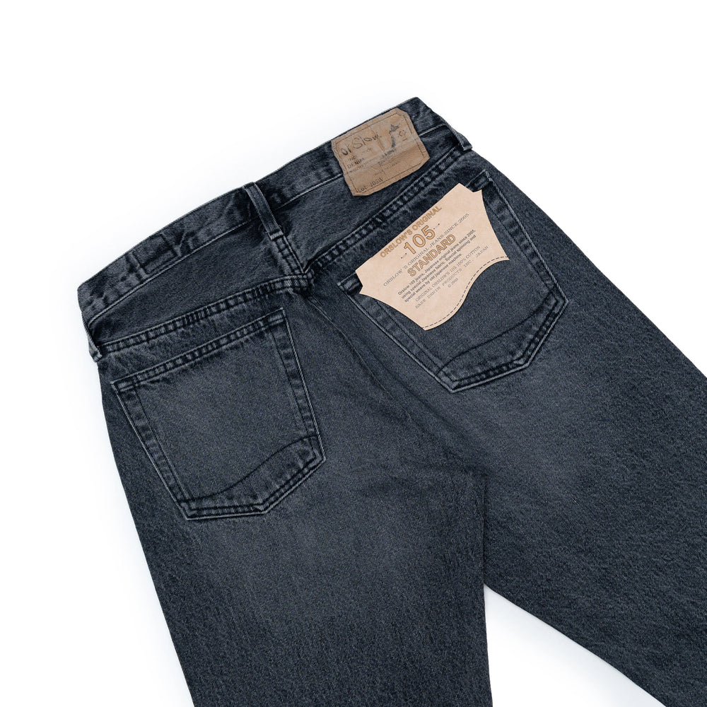 Close-up of the back pocket on the Orslow 105 Selvedge Black Stonewashed jeans showing pocket stitching, denim texture, and stonewashed character.