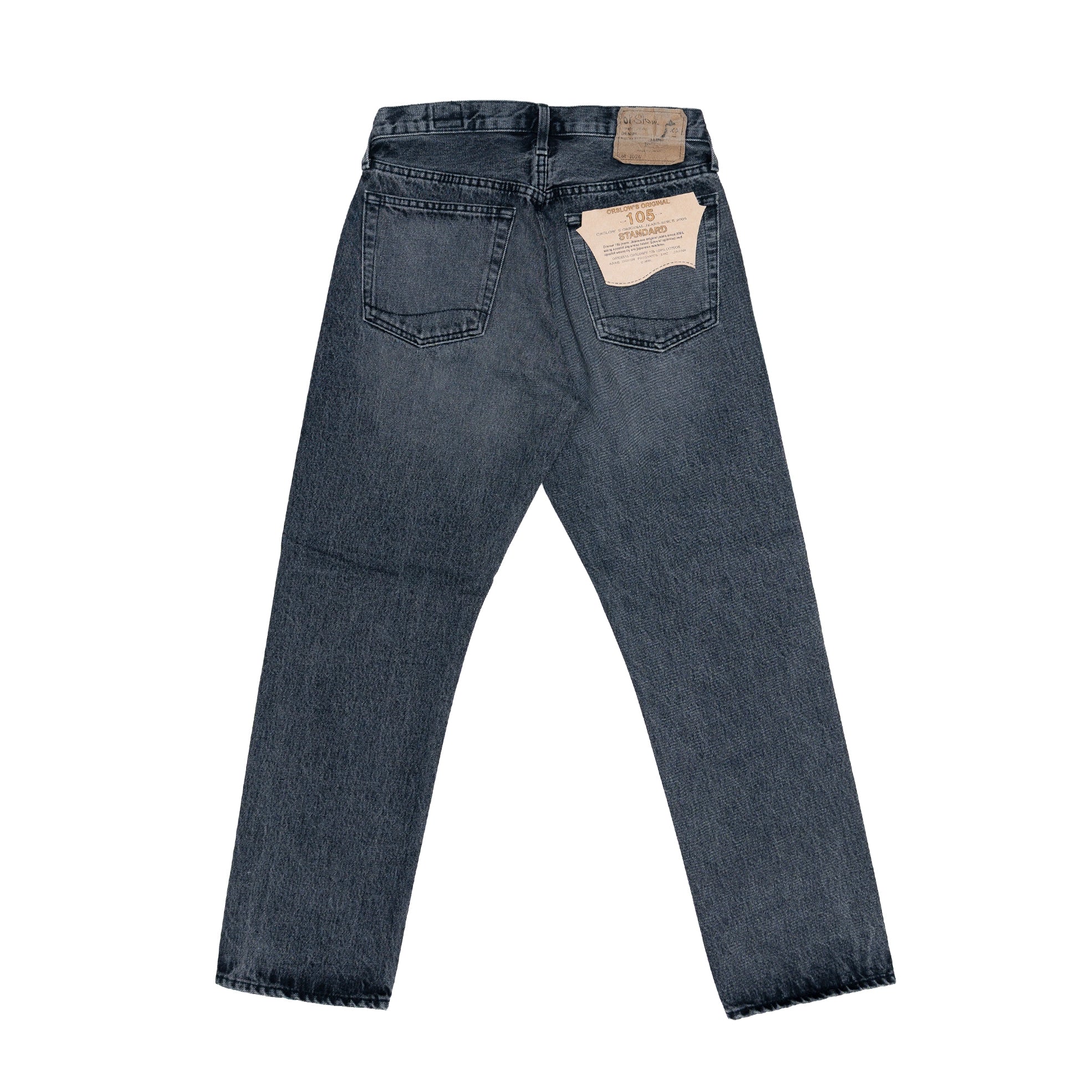 Rear view of the Orslow 105 Selvedge Black Stonewashed jeans showing the back pockets and worn-in character.