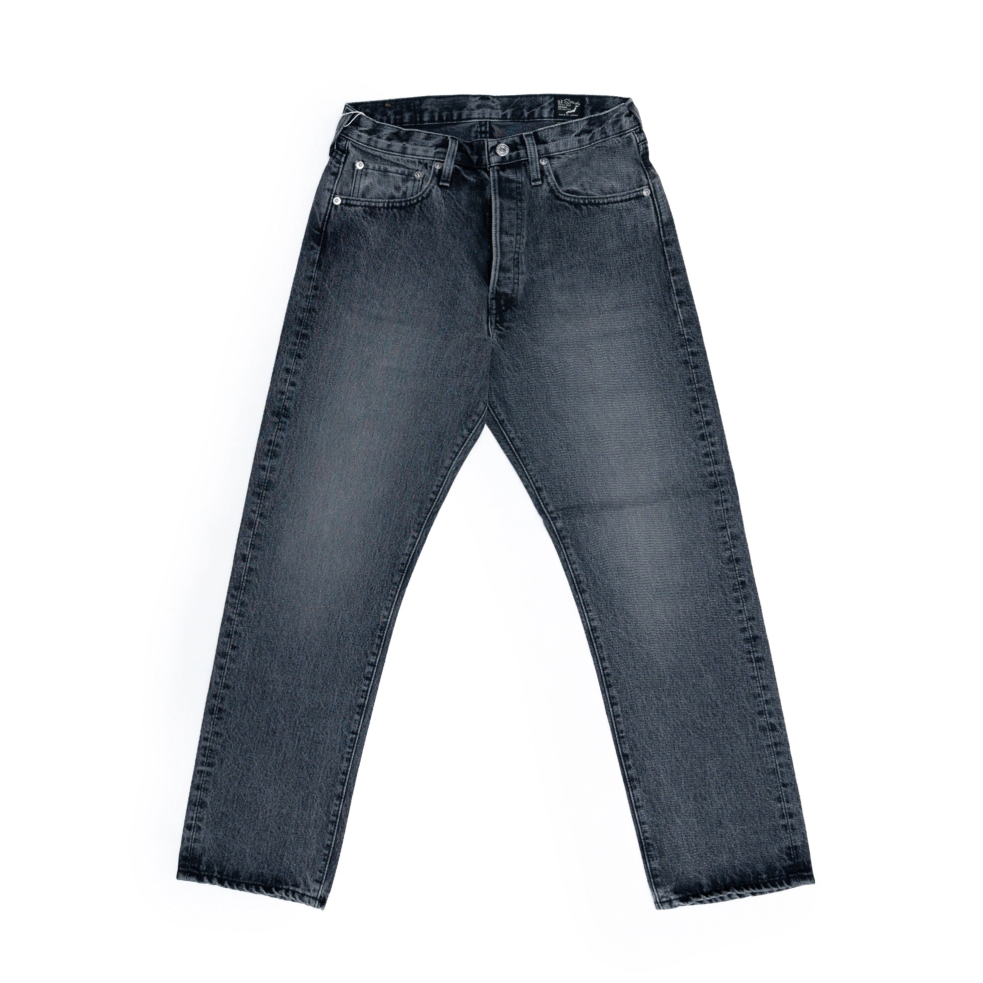 Full-length view of the Orslow 105 Selvedge Black Stonewashed jeans featuring the classic straight silhouette.
