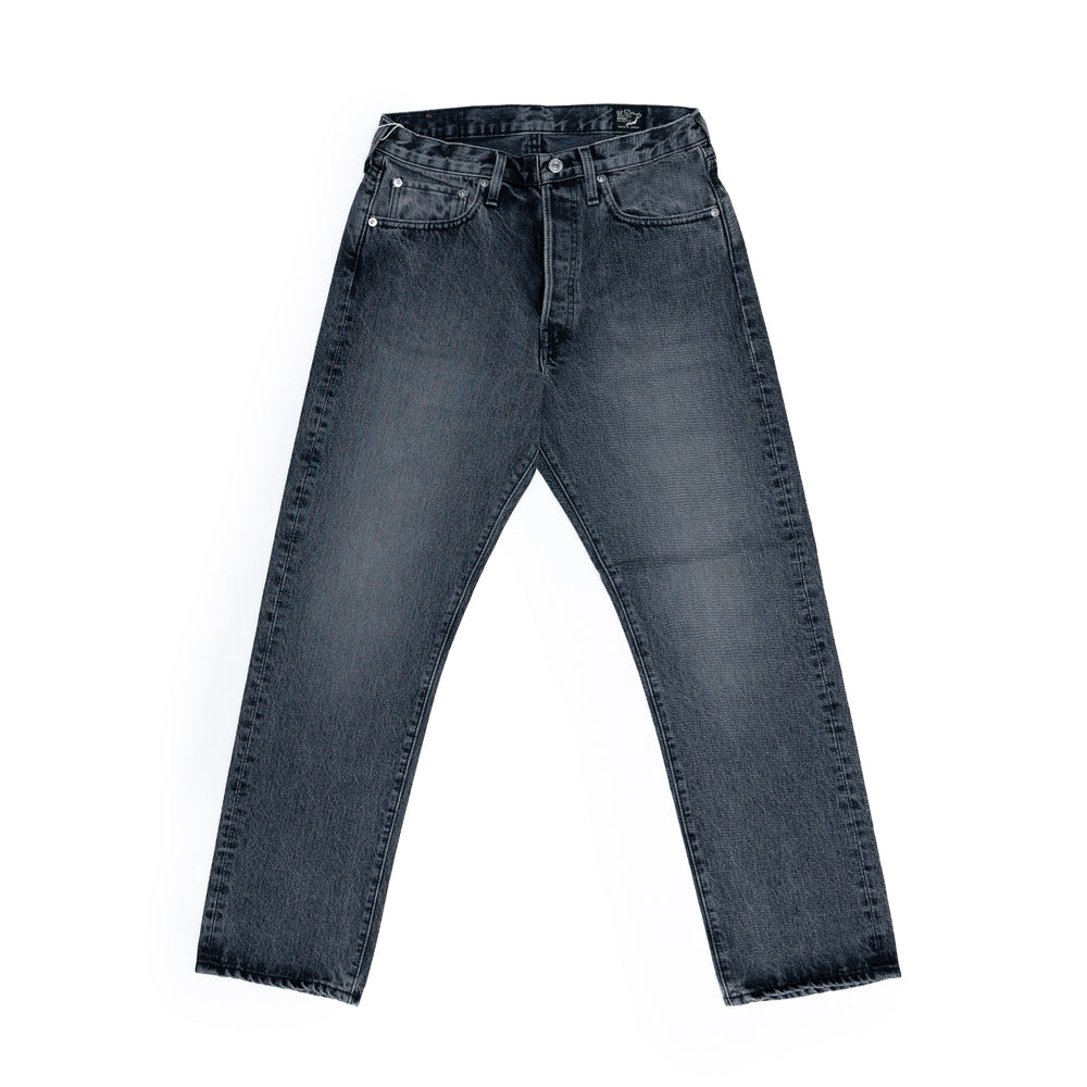Full-length view of the Orslow 105 Selvedge Black Stonewashed jeans featuring the classic straight silhouette.
