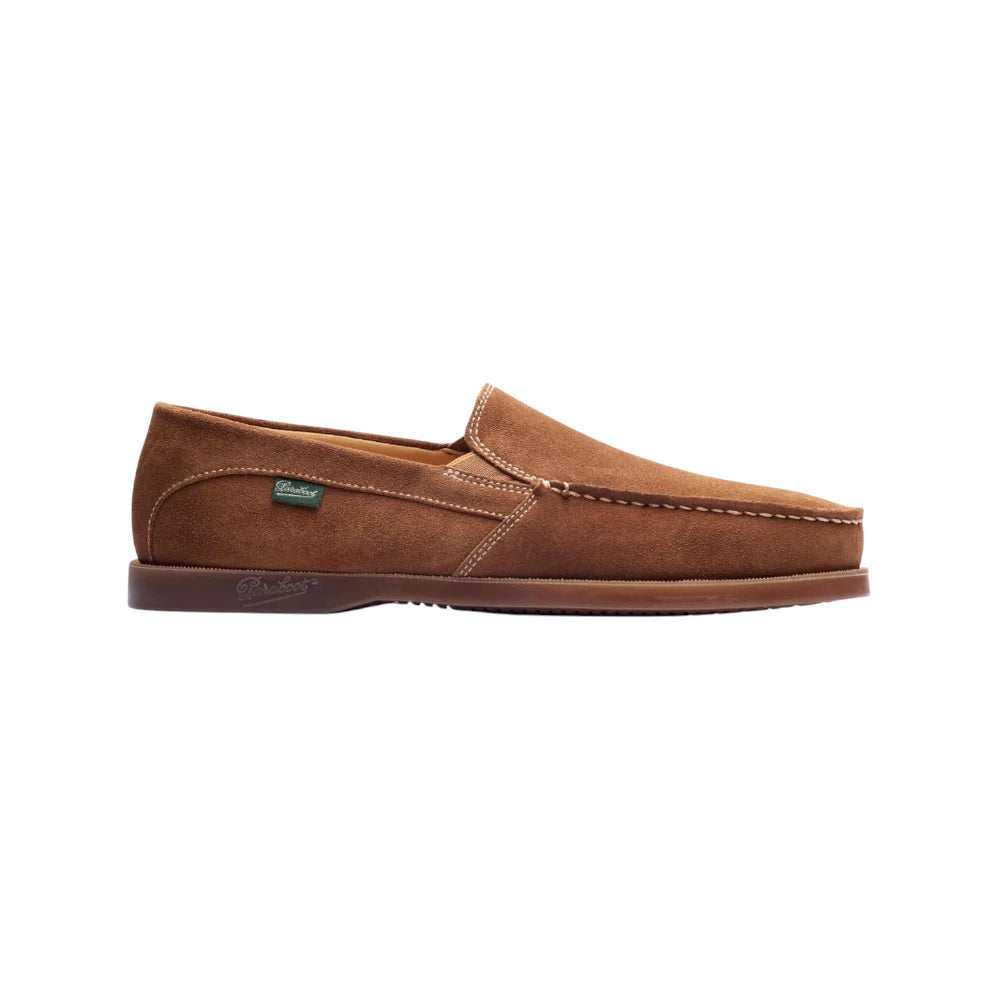 Front view of the Paraboot Cassis Honey showing the soft suede upper, rounded toe shape, and relaxed loafer silhouette for Clothier & Sons.