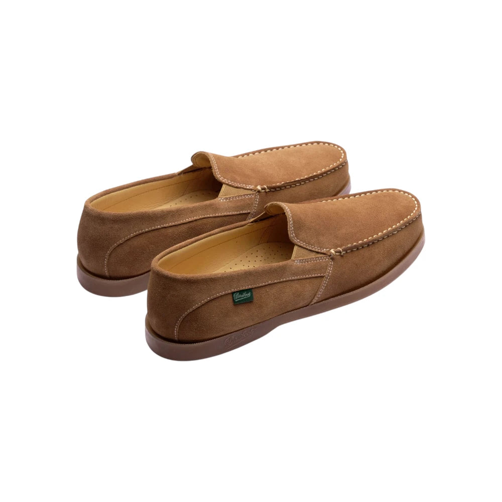 Heel detail of the Paraboot Cassis Honey showing rear stitching, suede finish, and relaxed loafer structure for Clothier & Sons.