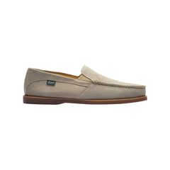 Front view of the Paraboot Cassis Taupe showing the soft suede upper, rounded toe shape, and relaxed loafer silhouette for Clothier & Sons.
