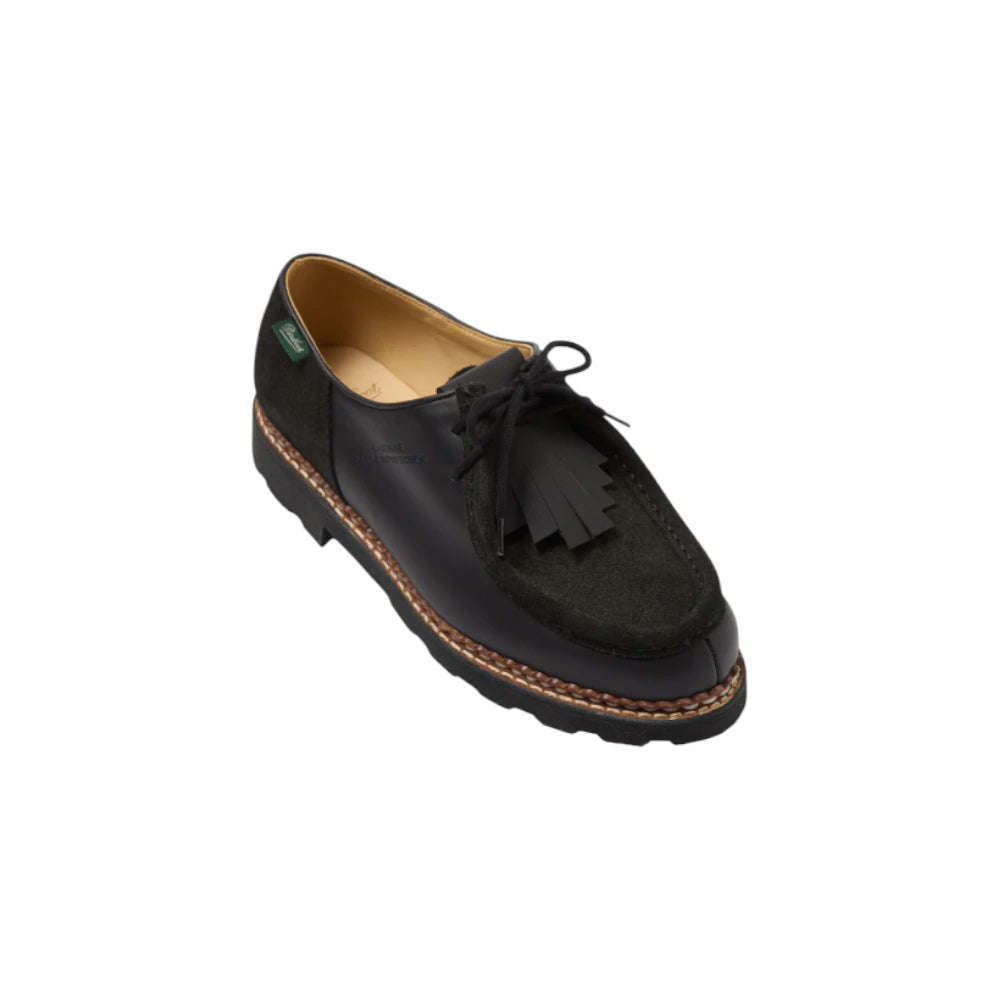 Angled view of the Paraboot x Universal Works Michael Smooth Black Velvet showcasing the rounded toe, dual textures, and removable fringe tab for Clothier & Sons.