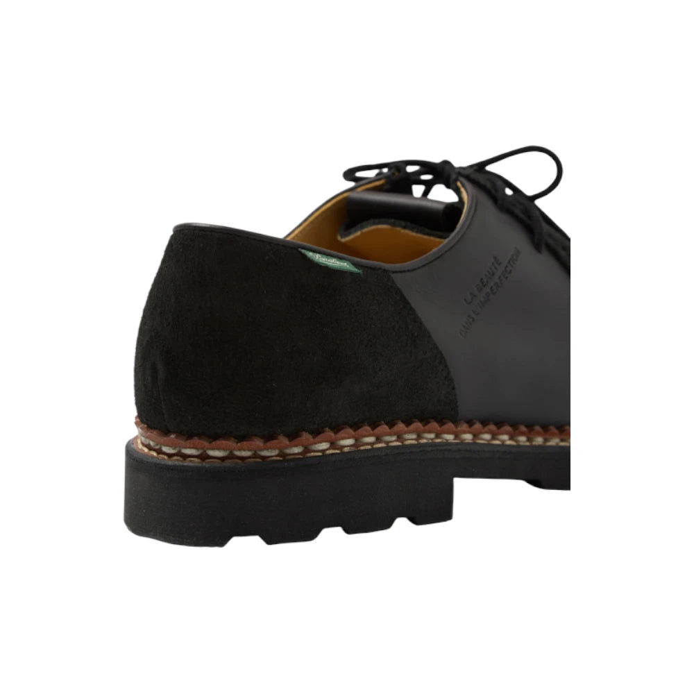 Rear view of the Paraboot x Universal Works Michael Smooth Black Velvet showing heel stitching, leather–suede contrast, and Norwegian welt construction for Clothier & Sons.