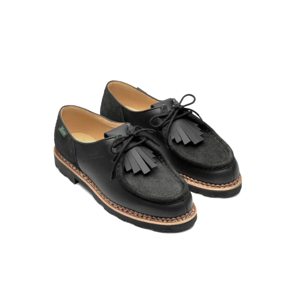 Angled pair view of the Paraboot x Universal Works Michael Smooth Black Velvet featuring the removable tab, smooth leather front, and suede rear panel for Clothier & Sons.