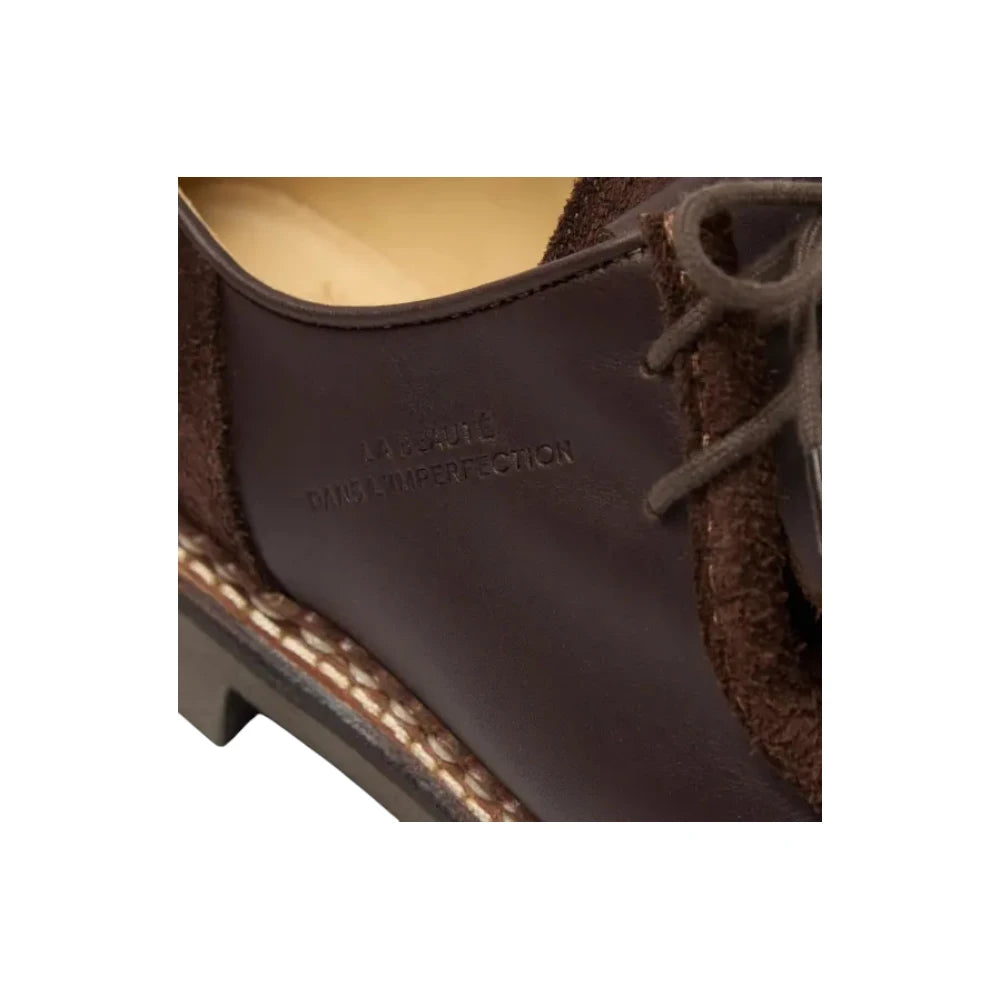 Close-up detail of the Paraboot x Universal Works Michael Smooth Velours Cafe highlighting the raw leather texture, velours suede panel, and collaborative branding for Clothier & Sons.