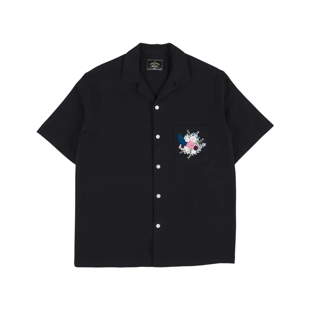 Front view of the Portuguese Flannel Pique Embroidery Flower Black shirt showing its floral embroidery, pique texture, and relaxed silhouette for Clothier & Sons.