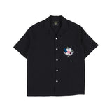 Front view of the Portuguese Flannel Pique Embroidery Flower Black shirt showing its floral embroidery, pique texture, and relaxed silhouette for Clothier & Sons.