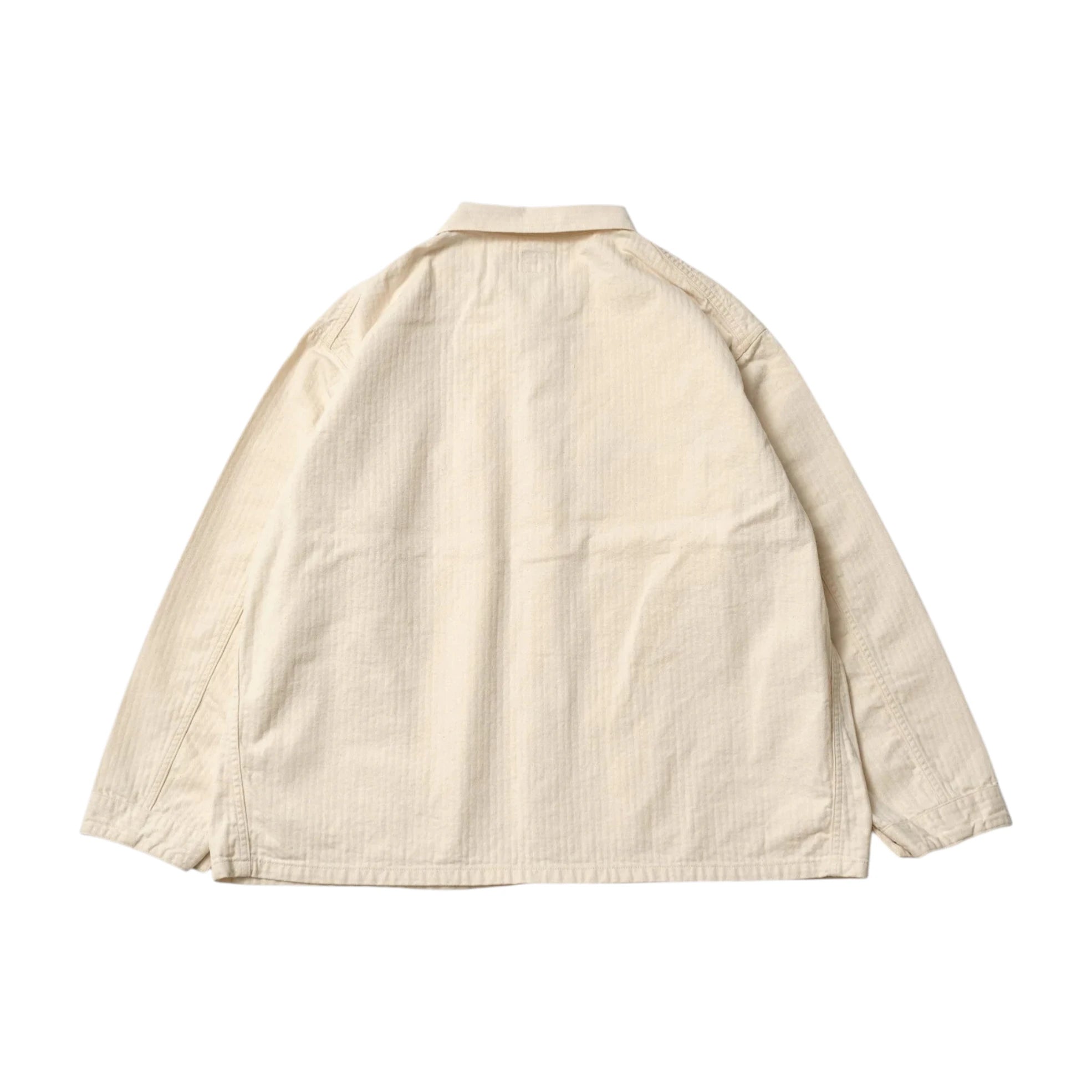 Back view of the Post O’Alls 3114R-MH4 USMC 1930s Utility Jacket Mini HBT Natural highlighting clean back construction and relaxed vintage proportions for Clothier & Sons.